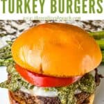 Pin for Pesto Turkey Burger on a white plate with title at top