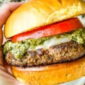 A hand holding a Pesto Turkey Burger