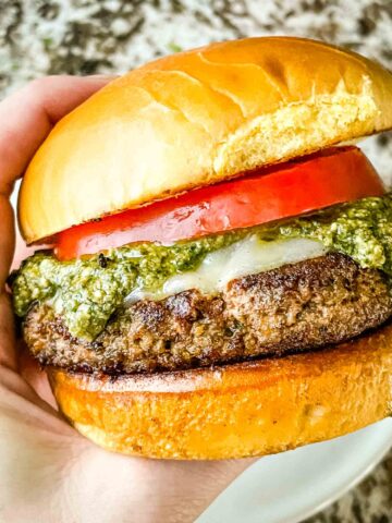 A hand holding a Pesto Turkey Burger