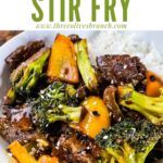 Pin of Teriyaki Beef Stir Fry in a bowl with white rice and title at top
