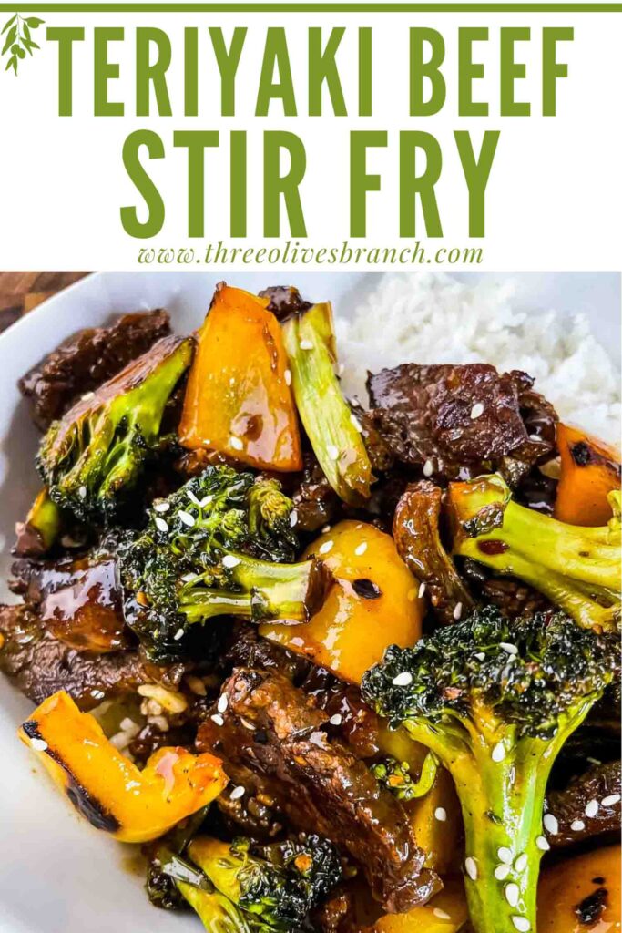 Pin of Teriyaki Beef Stir Fry in a bowl with white rice and title at top