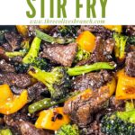 Pin of Teriyaki Beef Stir Fry close up with title