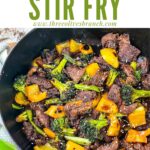 Pin of Teriyaki Beef Stir Fry in a skillet with title at top