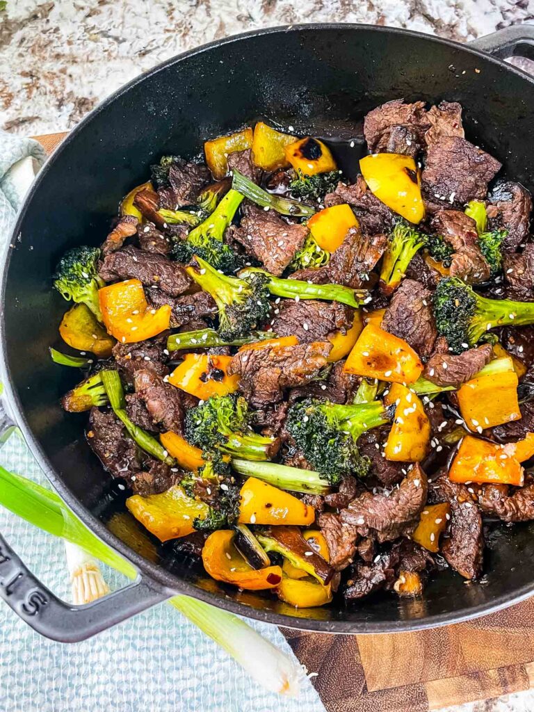 A skillet full of Teriyaki Beef Stir Fry