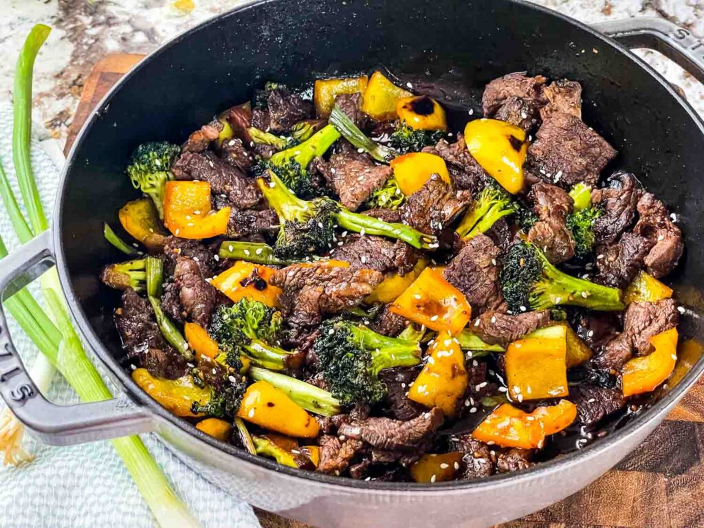 Teriyaki Beef Stir Fry in a skillet