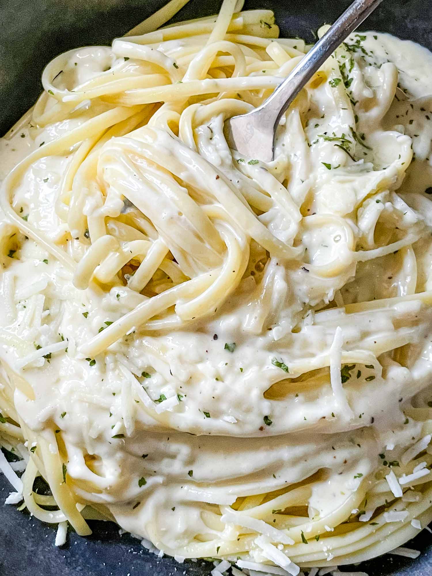 Close up of a fork twirling Alfredo Linguine in a bowl