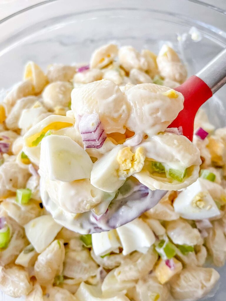 A spoon of Macaroni Salad with Egg