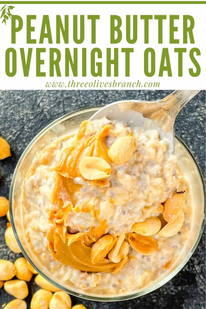 Pin of a spoon scooping into Peanut Butter Overnight Oats with title