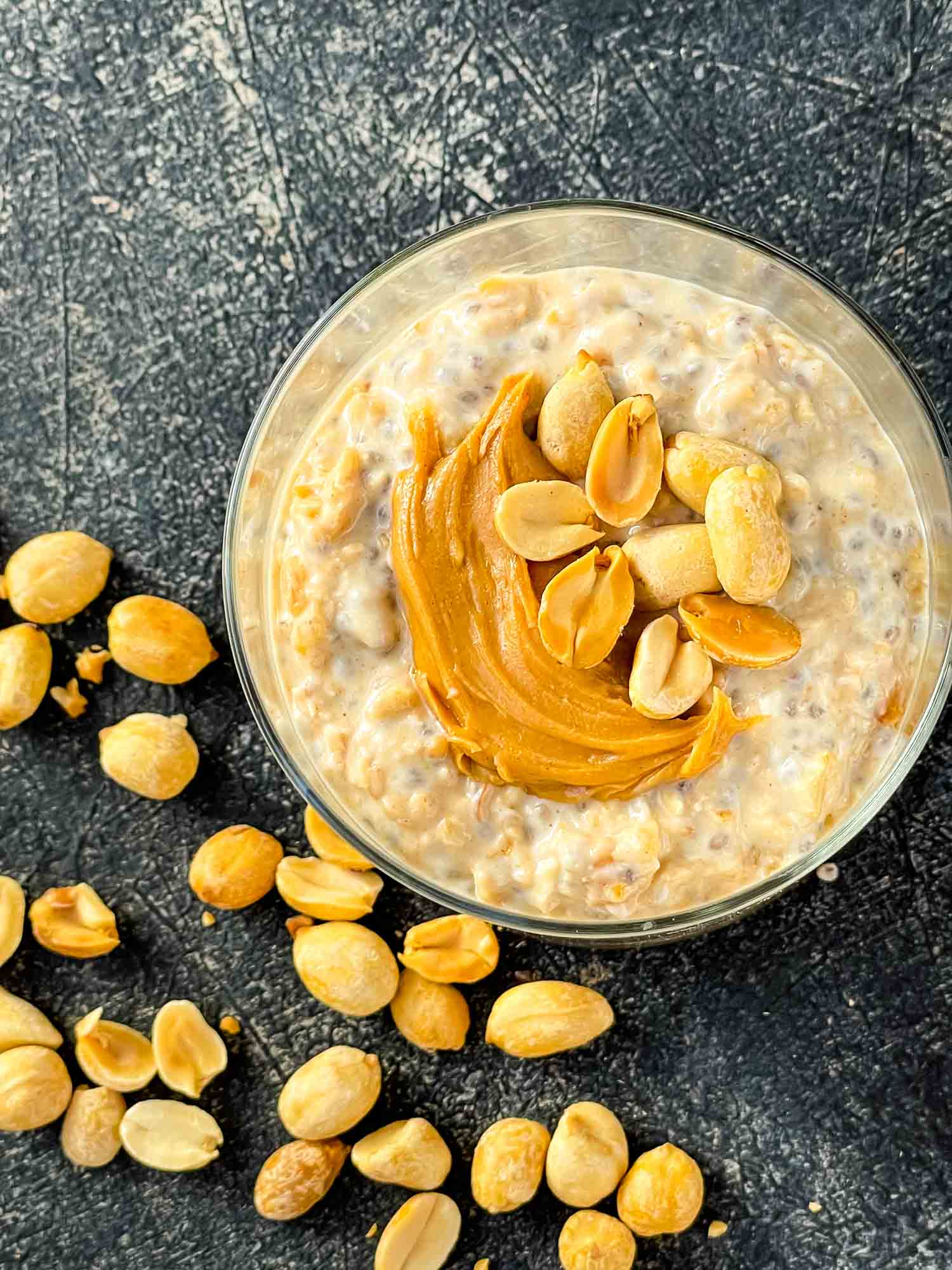 Top view of Peanut Butter Overnight Oats in a glass