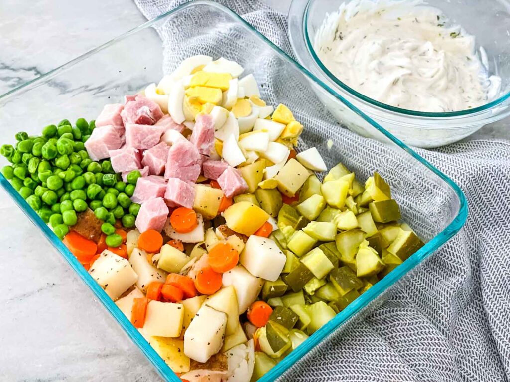 The ingredients chopped and in a bowl before mixing