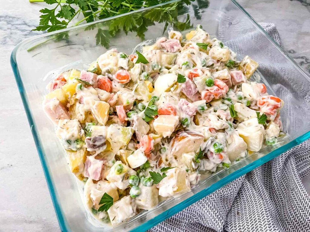 Olivier Salad in a glass dish