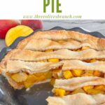 Pin of Peach Mango Pie with a piece missing and title at top
