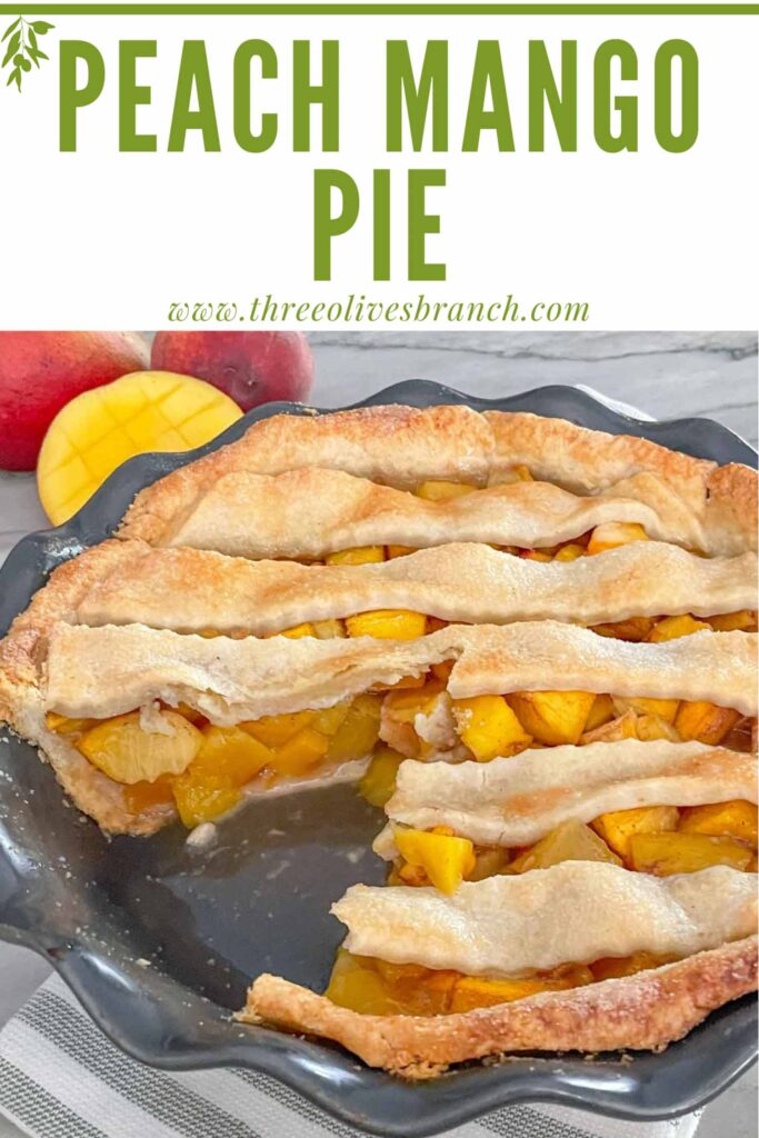 Pin of Peach Mango Pie with a piece missing and title at top