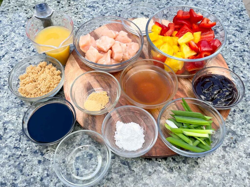 All of the ingredients needed for the recipe in little bowls