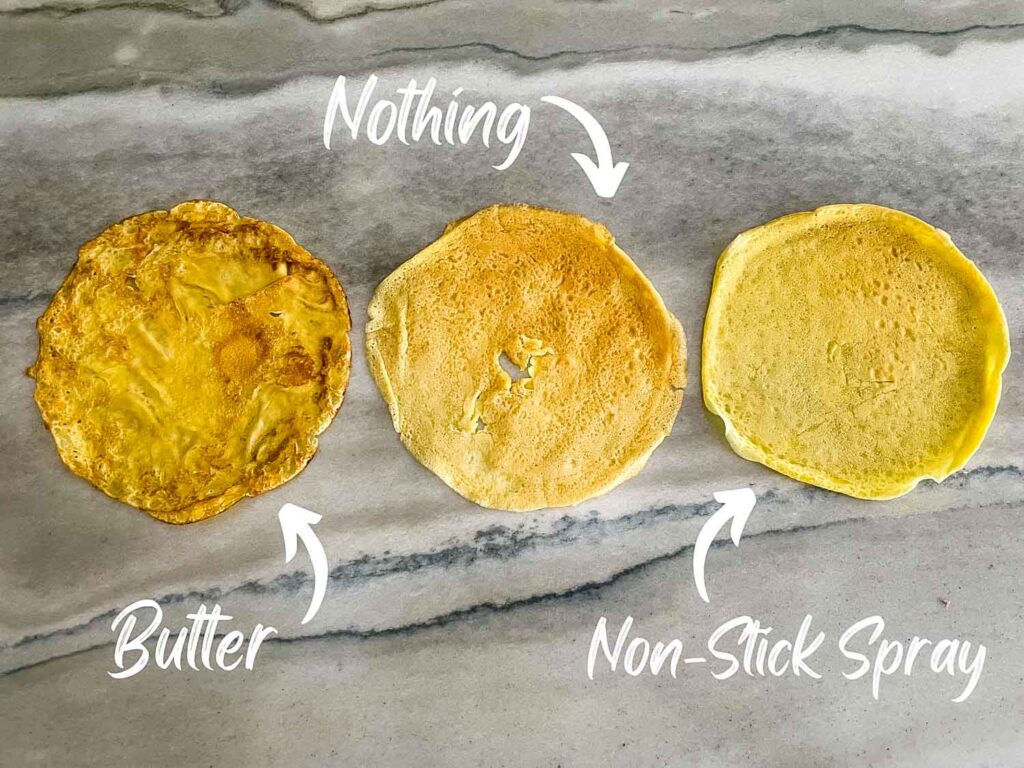 Examples of crepes cooked with butter, spray, and nothing