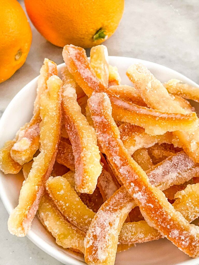 Candied Orange Peel up close in a bowl