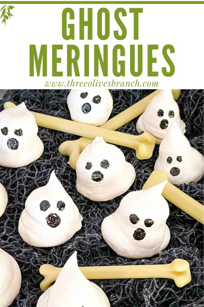Pin of Halloween Ghost Meringues with title at top