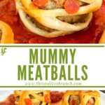 Long pin of Halloween Mummy Meatballs with title