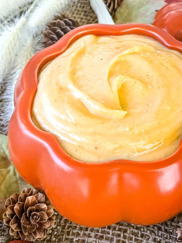 Close up of Pumpkin Pastry Cream in an orange bowl