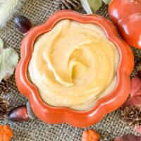 Top view of Pumpkin Pastry Cream in a pumpkin bowl