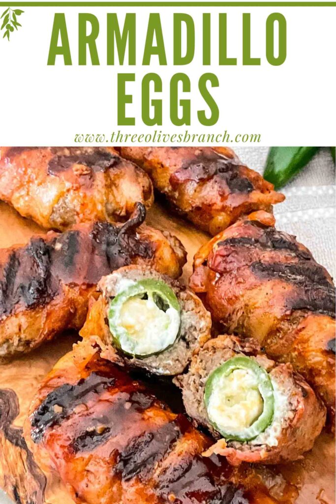 Pin of Armadillo Eggs with one cut open and title at top