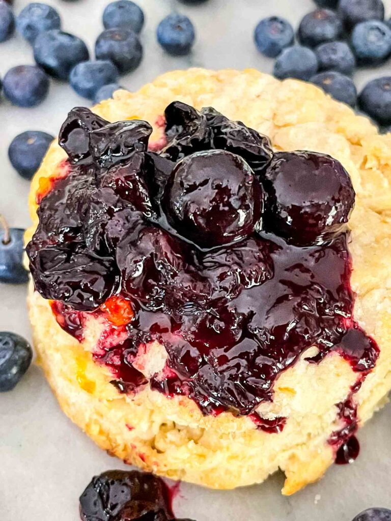 Blueberry Compote on a biscuit surrounded by more fresh berries