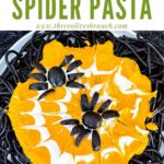 Pin of a plate of Spider Spooky Pasta with title at top