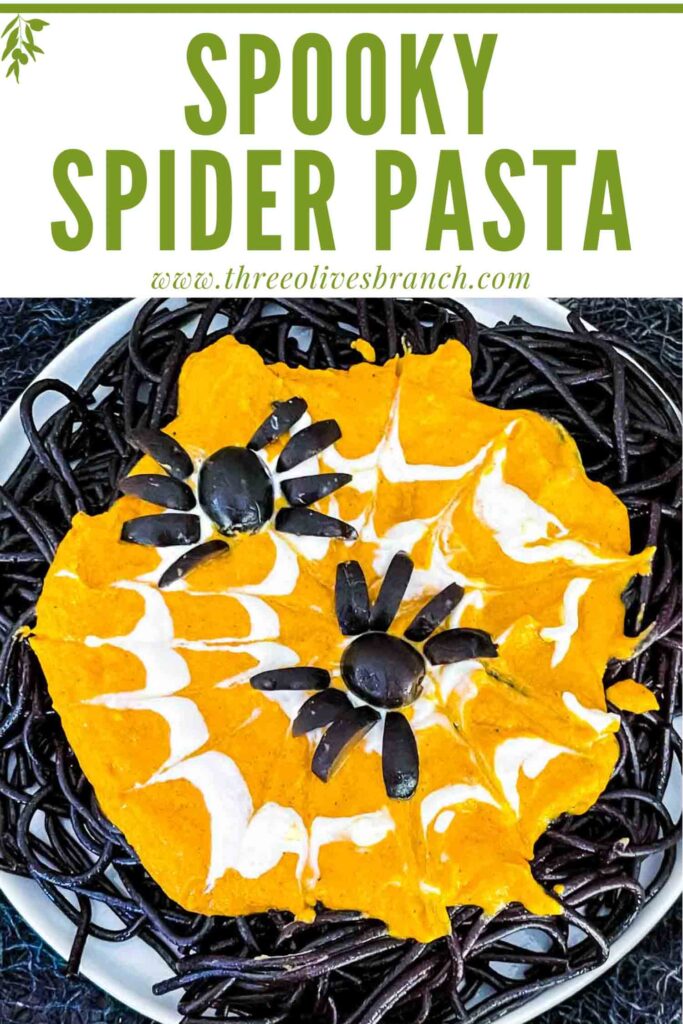 Pin of a plate of Spider Spooky Pasta with title at top