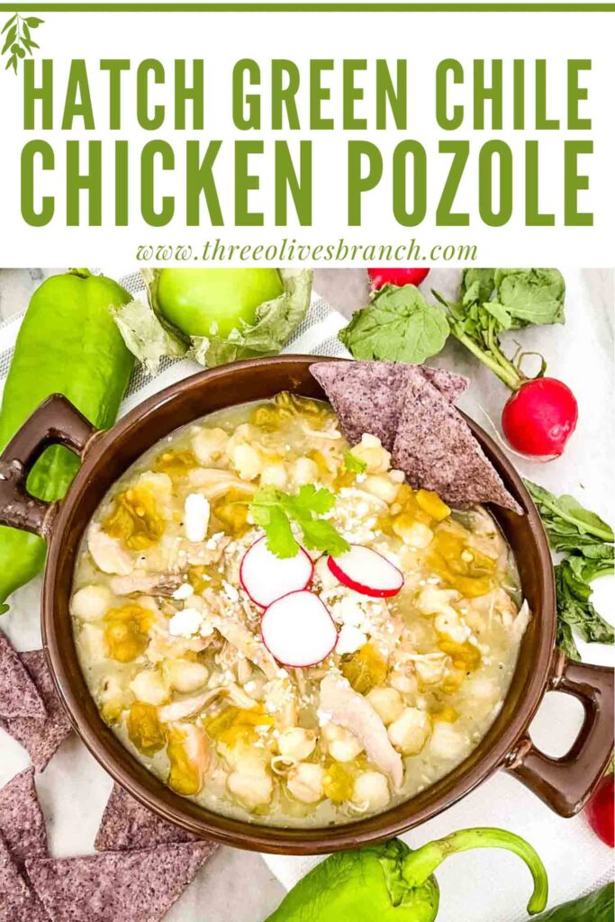 Pin of Chicken and Hatch Green Chile Pozole from the top view with title at top