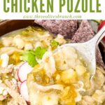 Pin of a spoon digging into Chicken and Hatch Green Chile Pozole with title at top