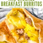 Pin of Hatch Green Chile Sausage Breakfast Burrito inside close up with title at top
