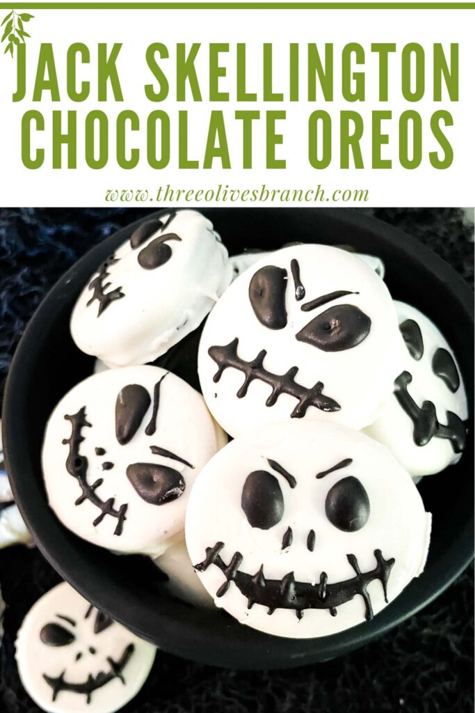 Pin of Jack Skellington Chocolate Covered Oreos piled in a black cauldron with title at top
