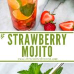 Long pin of Strawberry Mojito surrounded by berries with title