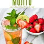 Pin of Strawberry Mojito in a tall glass with berries next to it and title at top