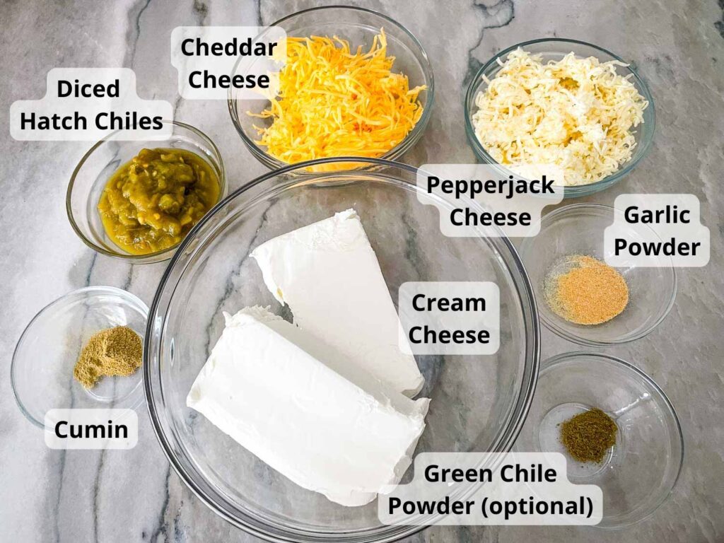 Ingredients needed in bowls on a counter with labels