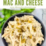 Pin of Hatch Green Chile Mac and Cheese in a dark bowl with title