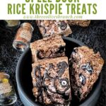 Pin of Hocus Pocus Spell Book Rice Krispie Treats in a cauldron with title at top