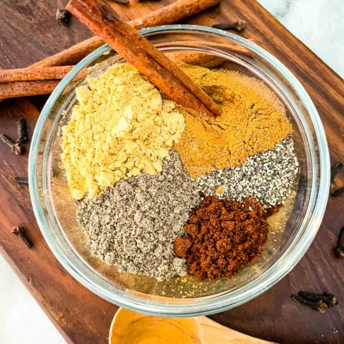 Top view of Chai Spices in a clear bowl still separated