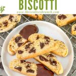 Pin of Chocolate Chip Biscotti on a small white plate with title at top