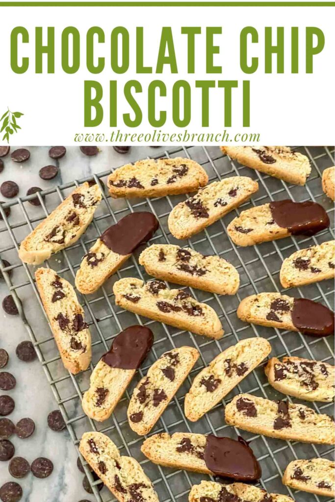 Pin of Chocolate Chip Biscotti cooling on a rack with title at top