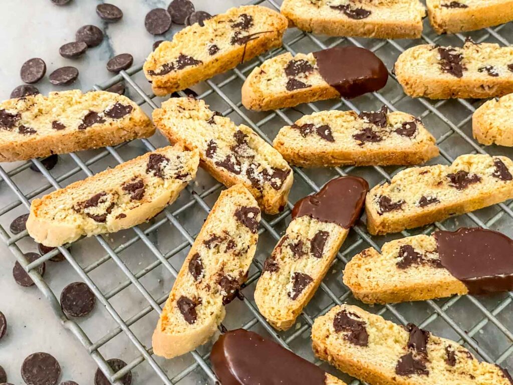 Closer view of Chocolate Chip Biscotti on a cooling rack on a counter