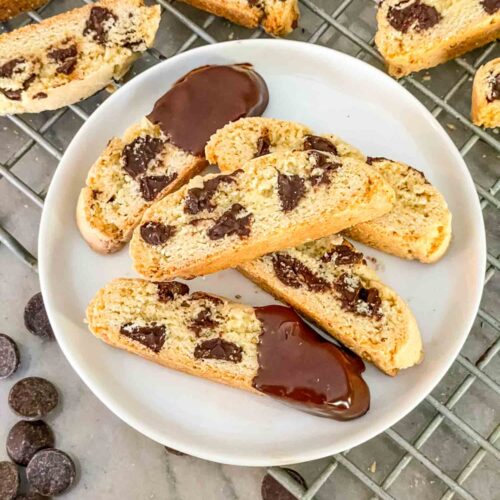 Some Chocolate Chip Biscotti on a white small plate