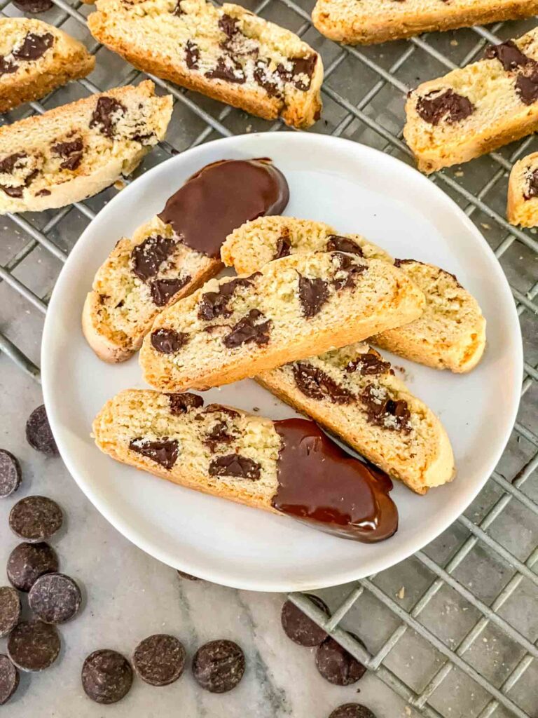 Some Chocolate Chip Biscotti on a white small plate