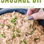 Pin of a hand dunking a chip into Sausage Dip with title at top