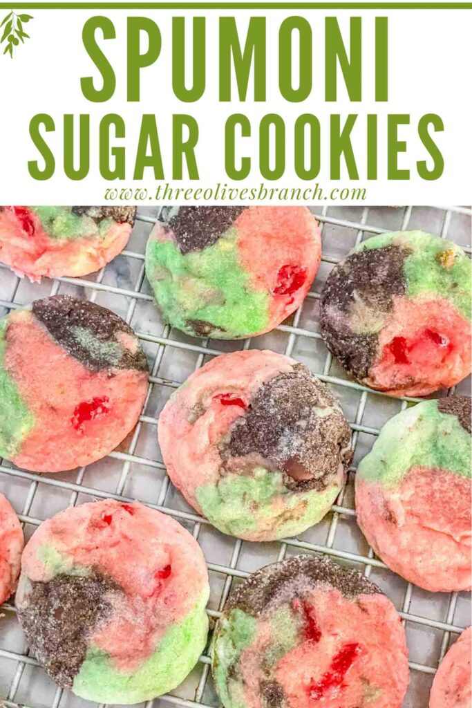 Pin of Spumoni Sugar Cookies on a cooling rack with title at top