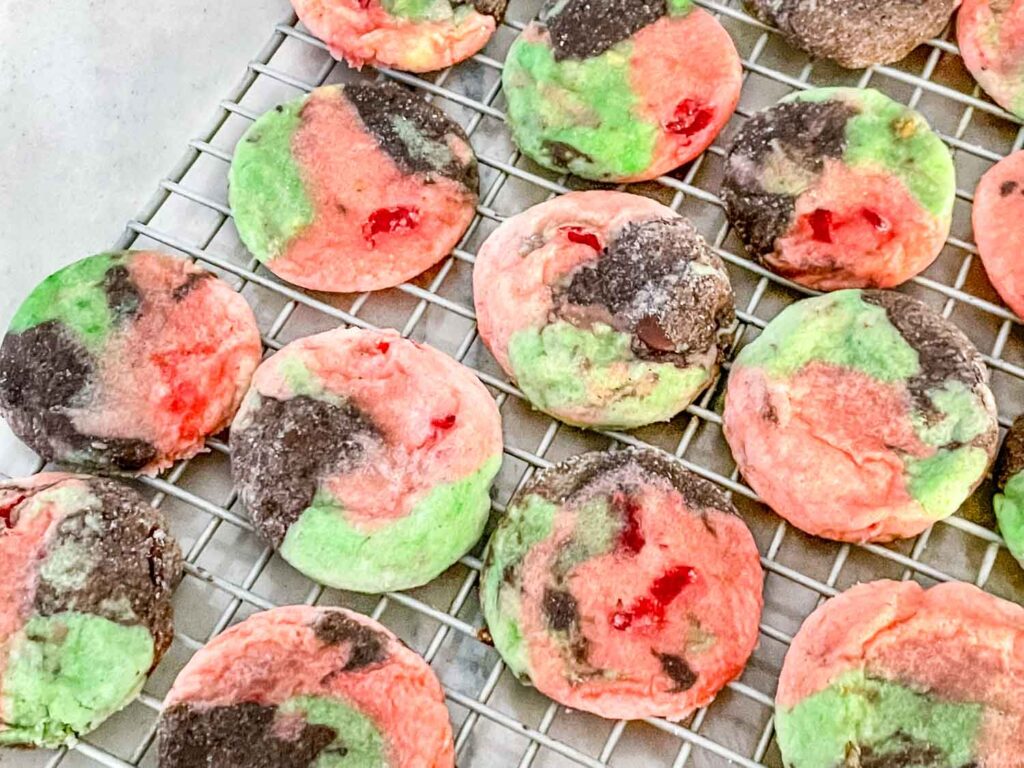 Spumoni Sugar Cookies on a cooling rack