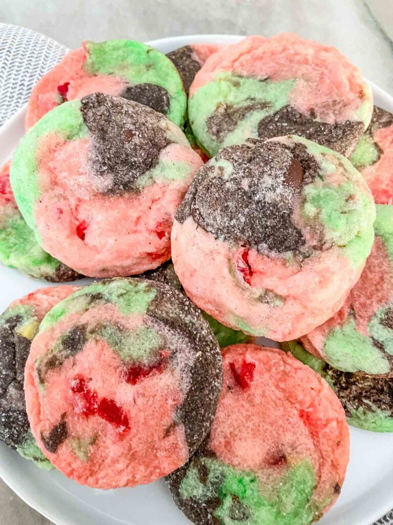 Spumoni Sugar Cookies piled up on a plate