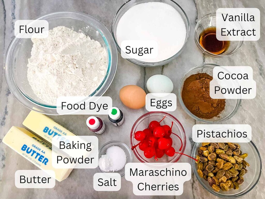 The ingredients on a counter with labels