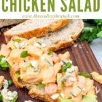 Pin of Buffalo Chicken Salad on a piece of bread with title at top