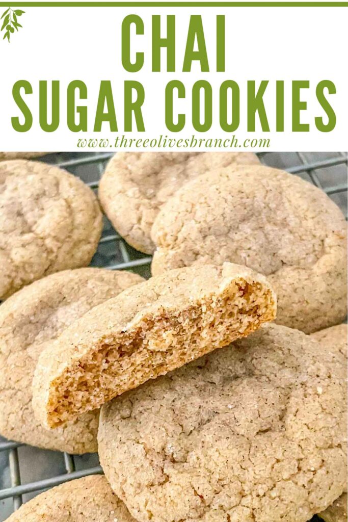 Pin of Chai Sugar Cookies on a cooling rack with one snapped open with title at top